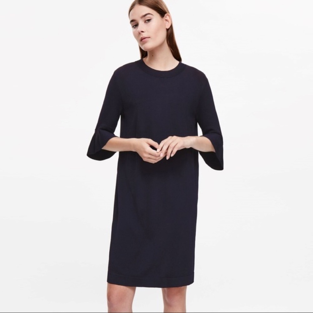 COS Navy Blue Indigo Flare Sleeve Shift Dress Size XS
